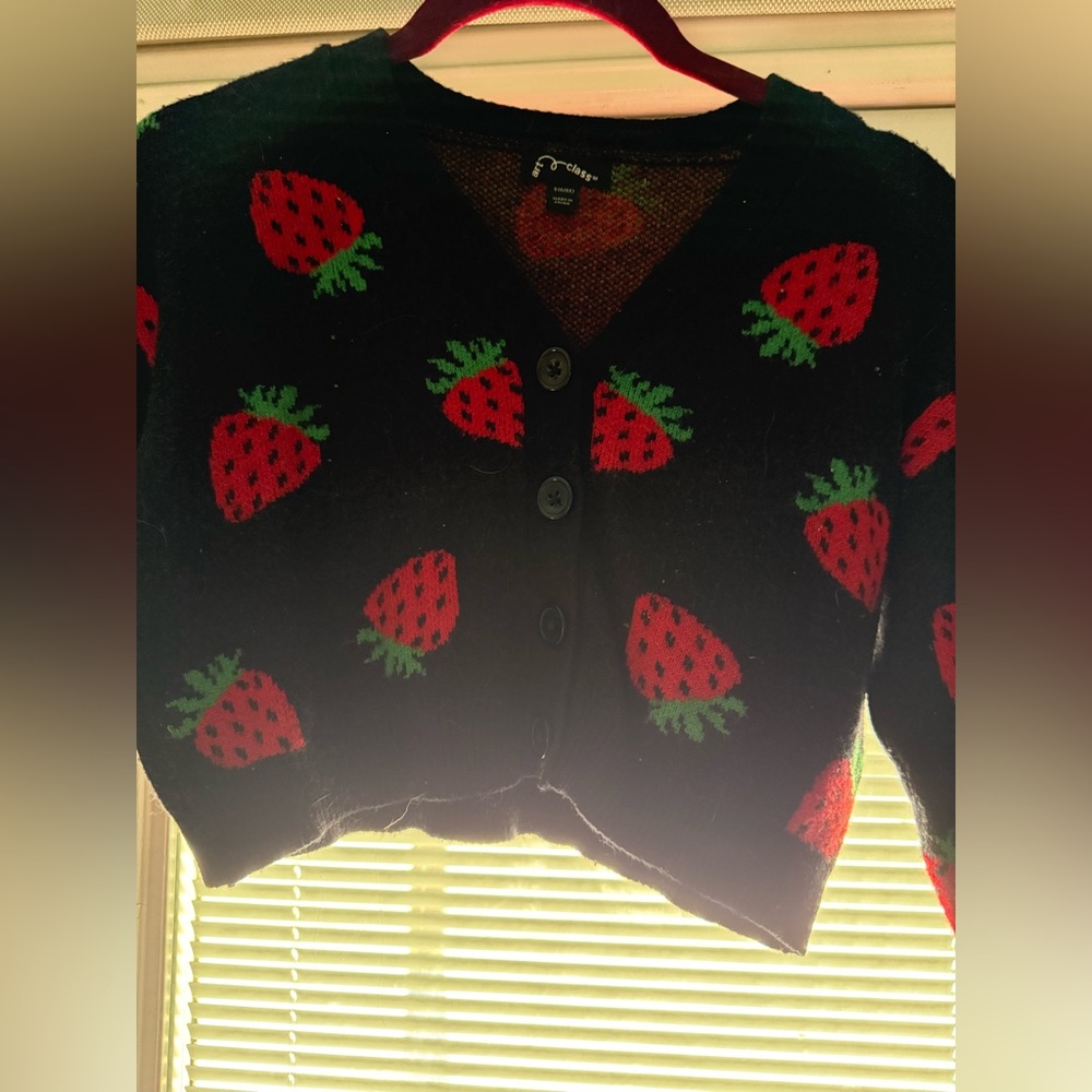 Collectif Black Cardigan with Red Strawberry Design